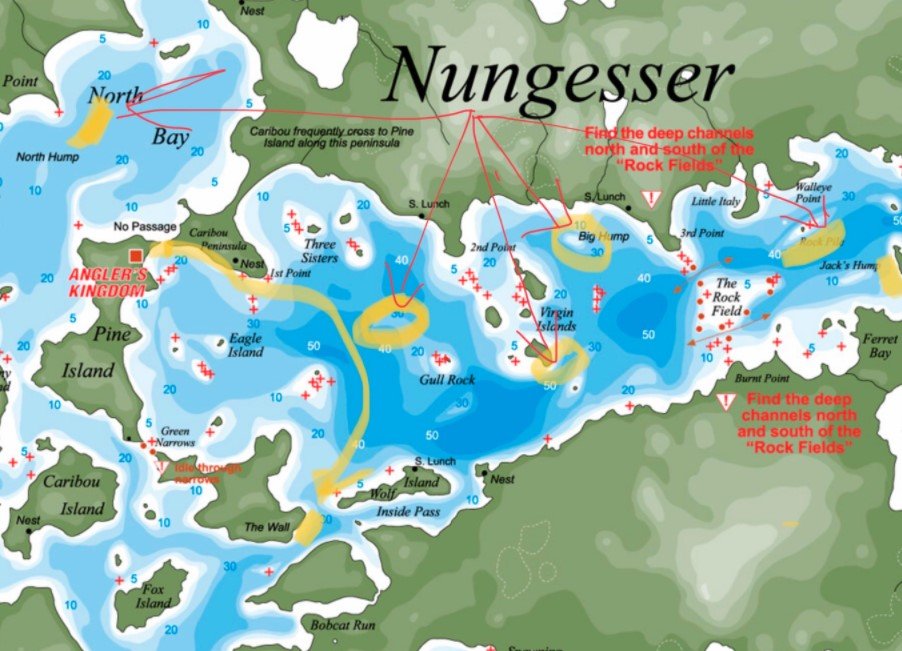 Map of Nungesser Lake in Northwestern Ontario, Canada.